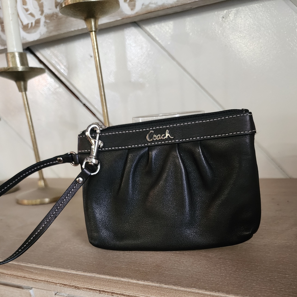 Coach Black Leather Wristlet with Silver Accents